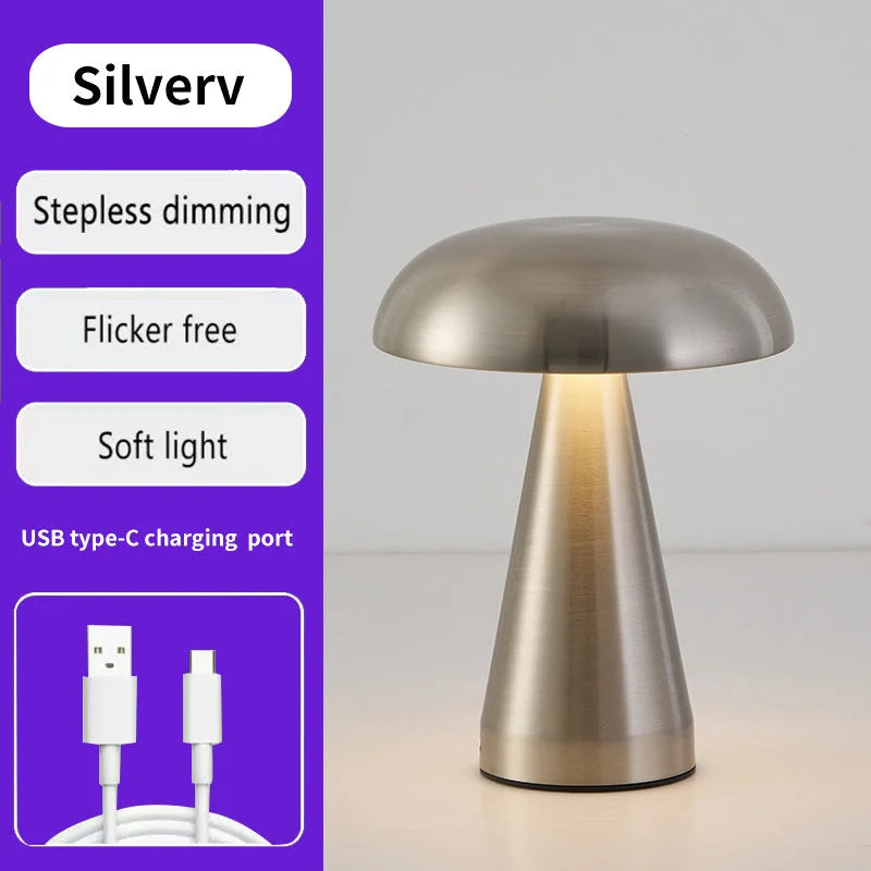 Silver Metal Mushroom Table Lamp - Rechargeable Touch