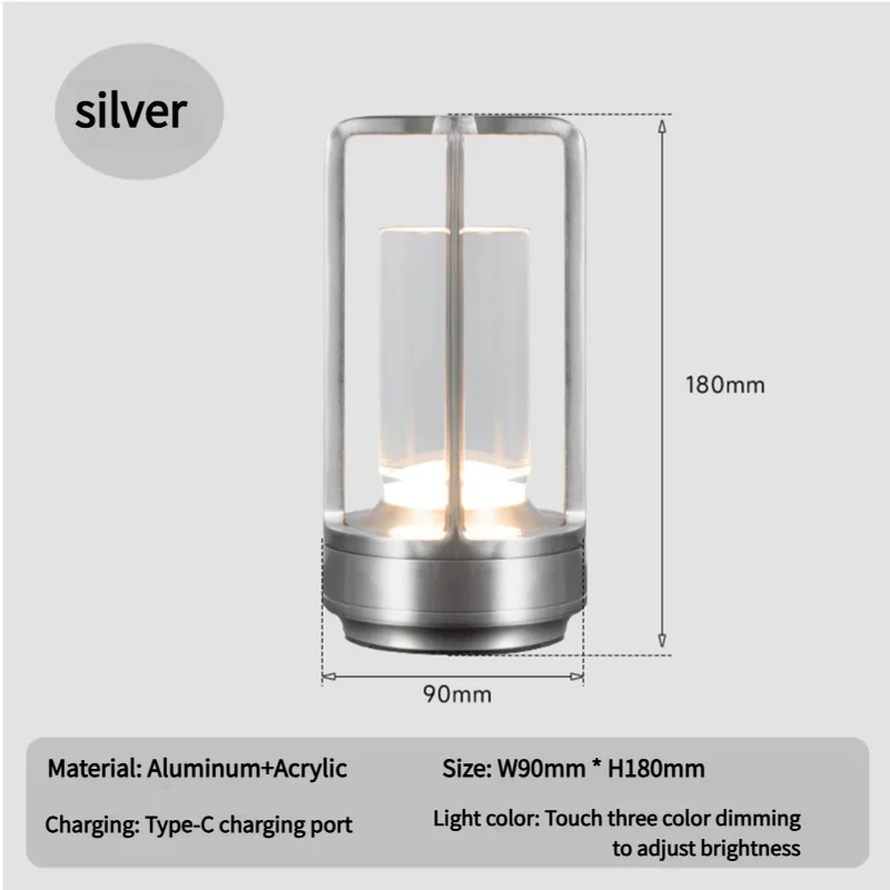 Silver Rechargeable Table Lamp - Touch Dimming 3-Color LED