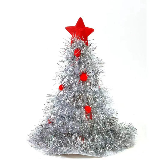 Silver Sparkly Tinsel Christmas Tree Hat - Festive Holiday
