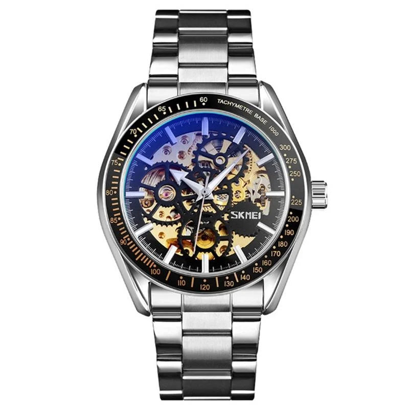 Silver Steel Band Automatic Skeleton Watch for Men