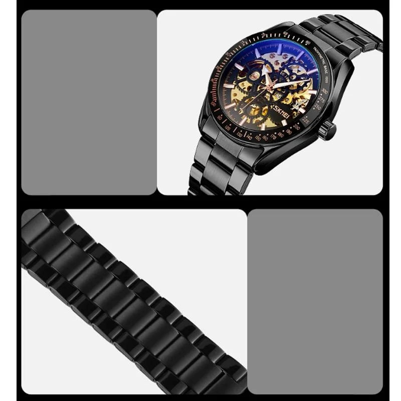Silver Steel Band Automatic Skeleton Watch for Men