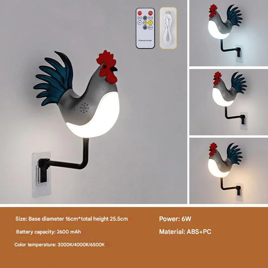 Silver USB Rechargeable Rooster Wall Lamp with Sound