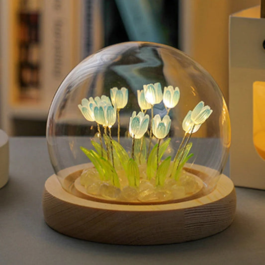 (Sixteen Blue Tulips) Glowing Tulip Dome Lamp - Wooden Base