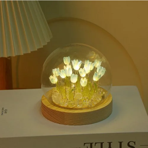 (Sixteen Blue Tulips) Glowing Tulip Dome Lamp - Wooden Base