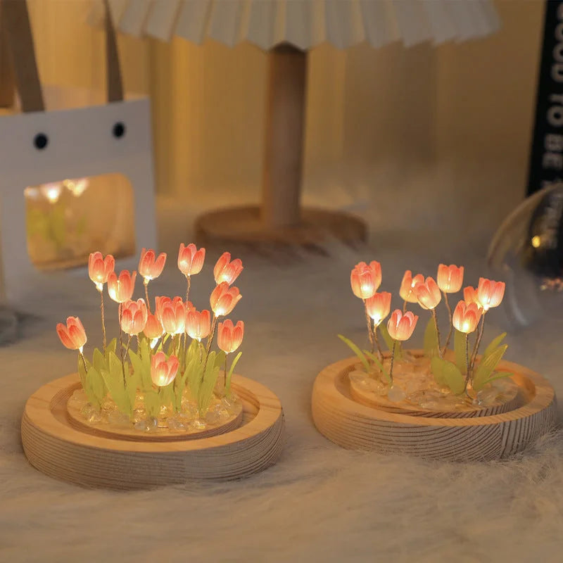 (Sixteen Pink Tulips) Glowing Tulip Dome Lamp - Wooden Base