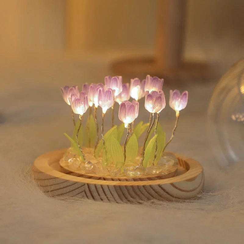 (Sixteen Purple Tulips) Glowing Tulip Dome Lamp - Wooden