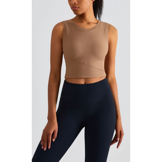 Size 10 Brown Fixed Cup Sports Bra with Cross-Back Design