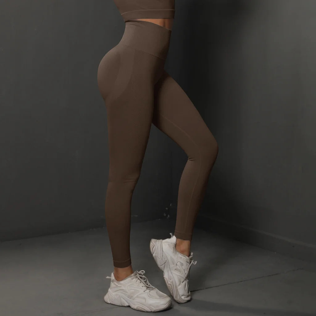 Size L Brown Seamless High-Waisted Yoga Pants for Women