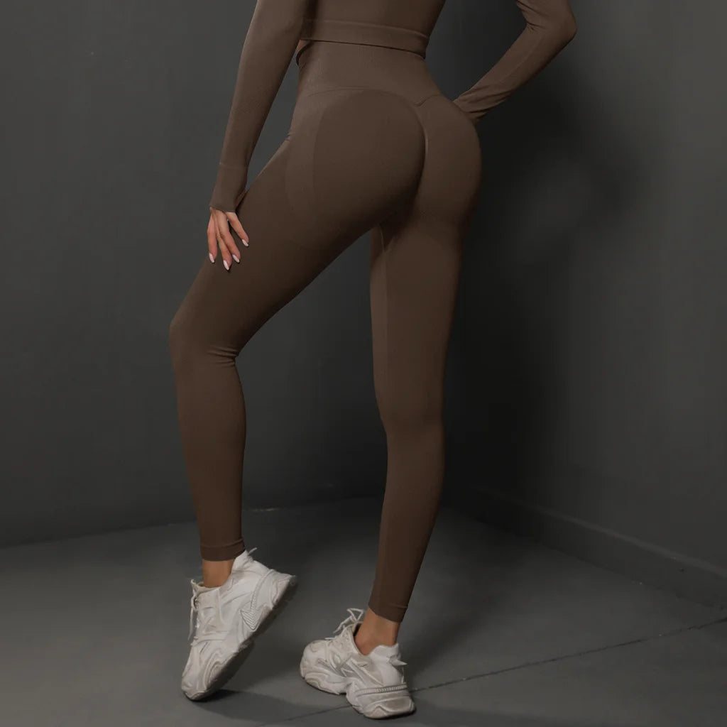 Size L Brown Seamless High-Waisted Yoga Pants for Women