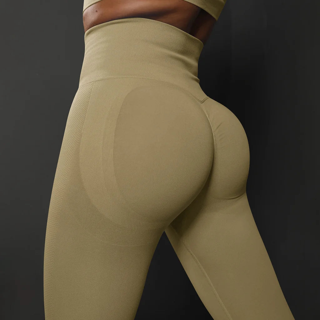 Size L Khaki Seamless High-Waisted Yoga Pants for Women