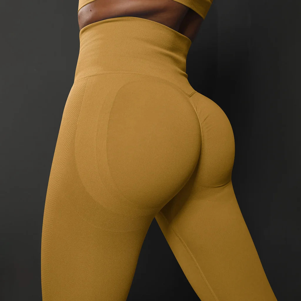 Size L Yellow Seamless High-Waisted Yoga Pants for Women