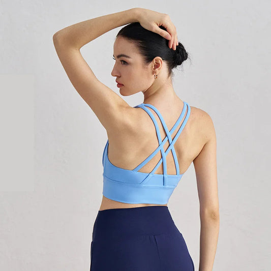 Size M Light Blue Cross-Back Yoga Sports Bra for Women