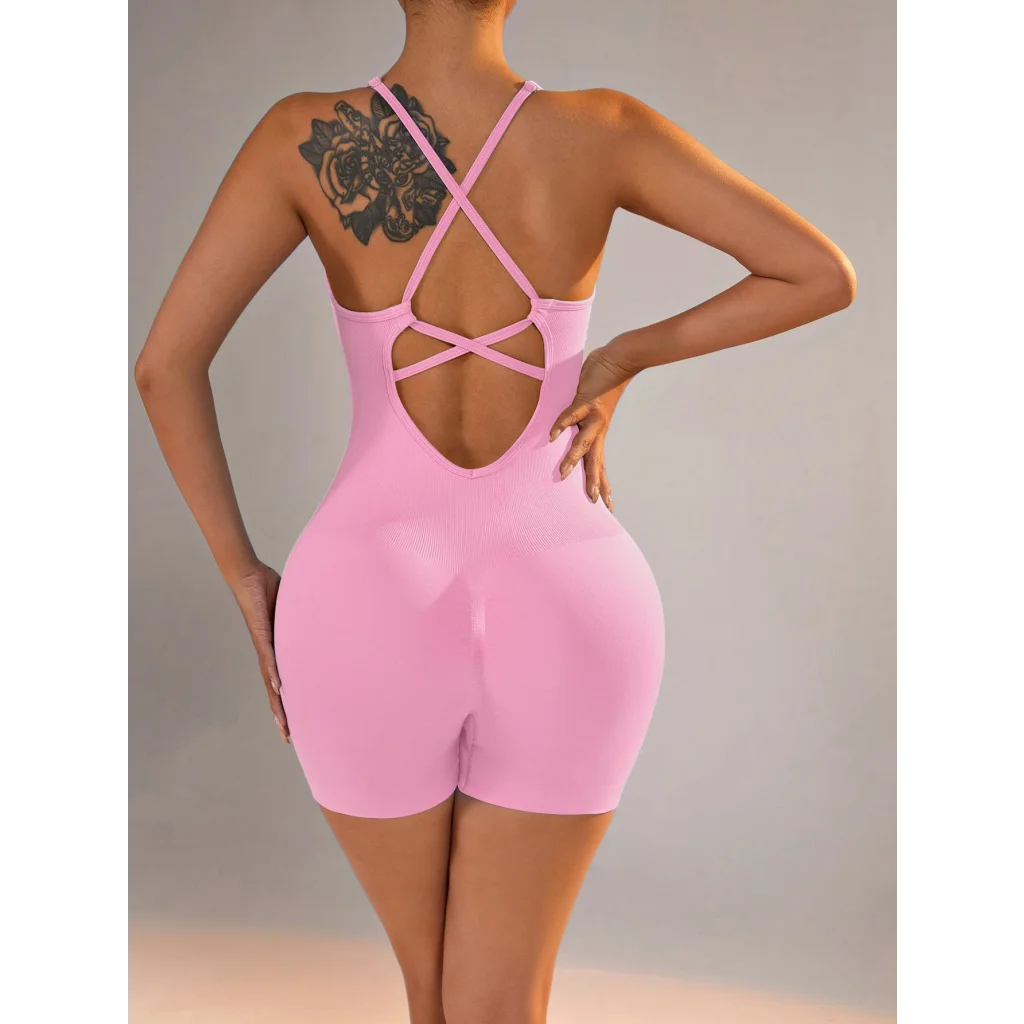 Size M Light Pink Grey Nylon Seamless Yoga Bodysuit