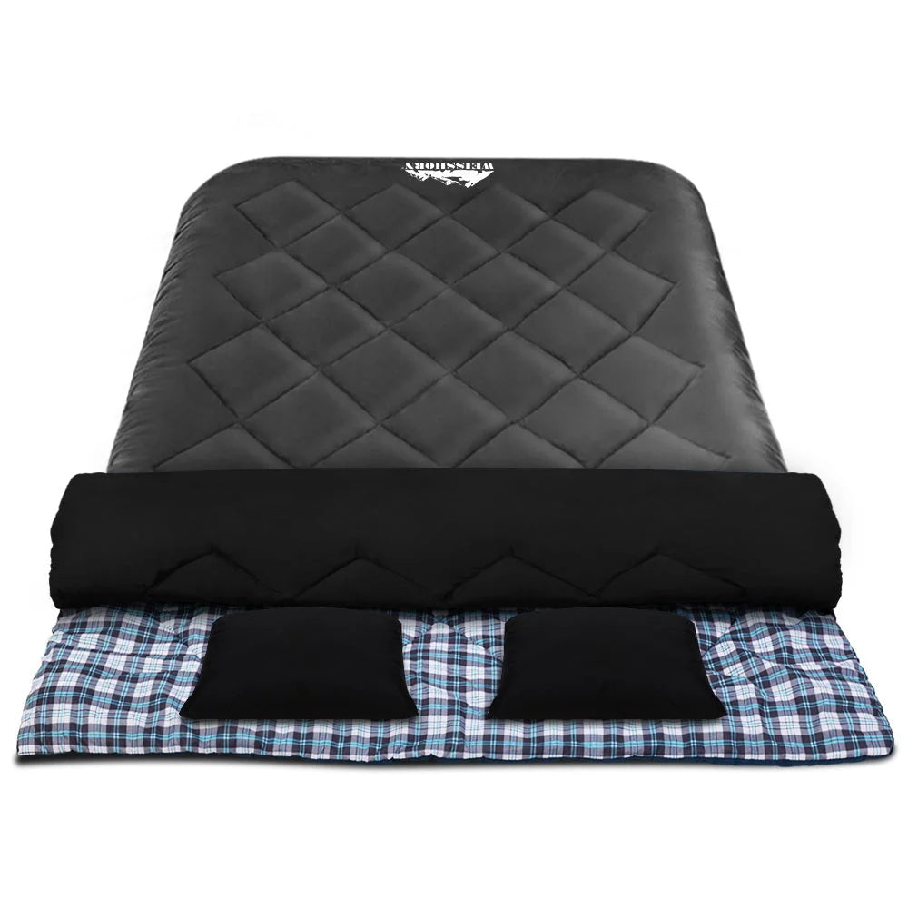 Grey sleeping bag double with caster wheels and side handle rail
