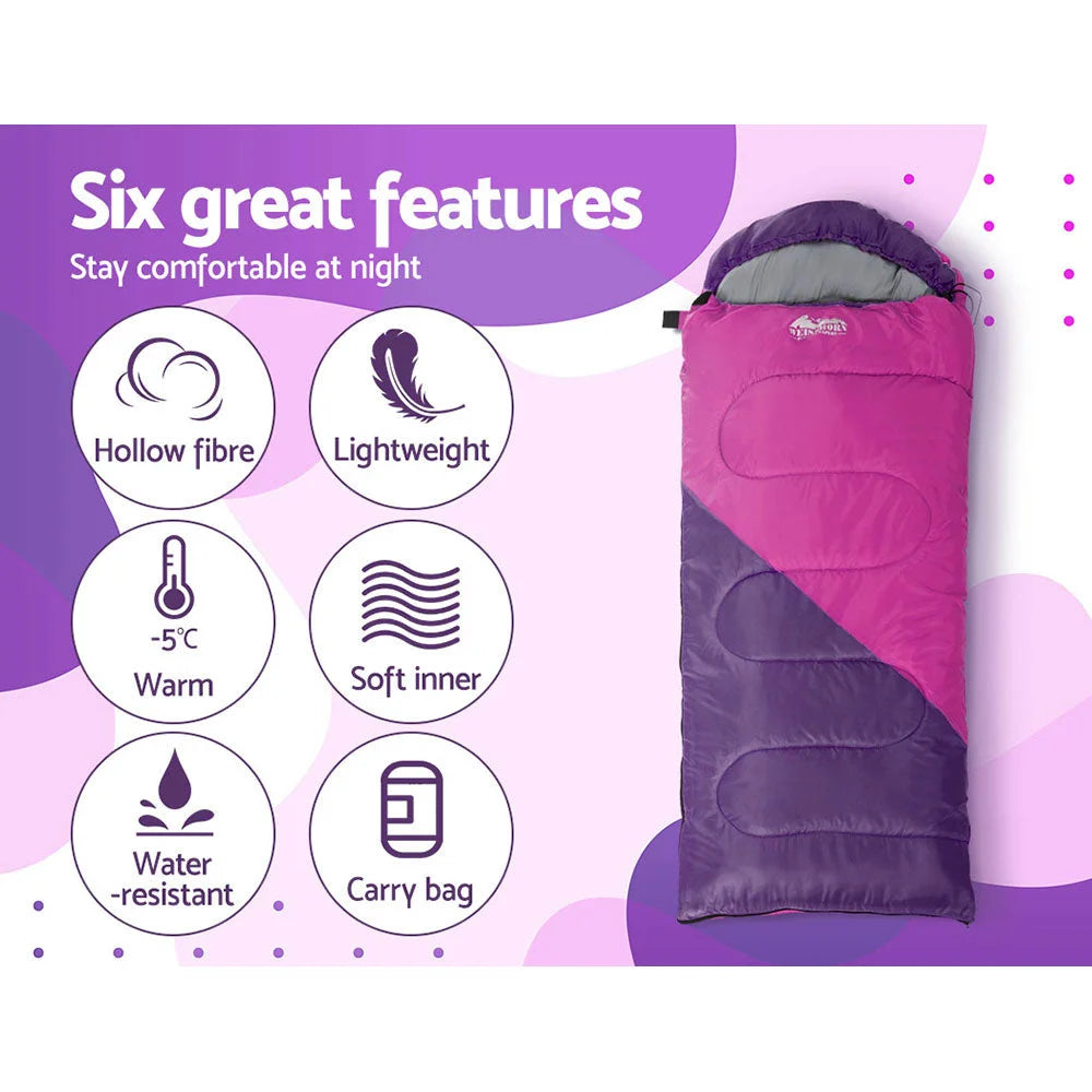 Sleeping Bag Kids Single 172CM Thermal Camping Hiking - Pink