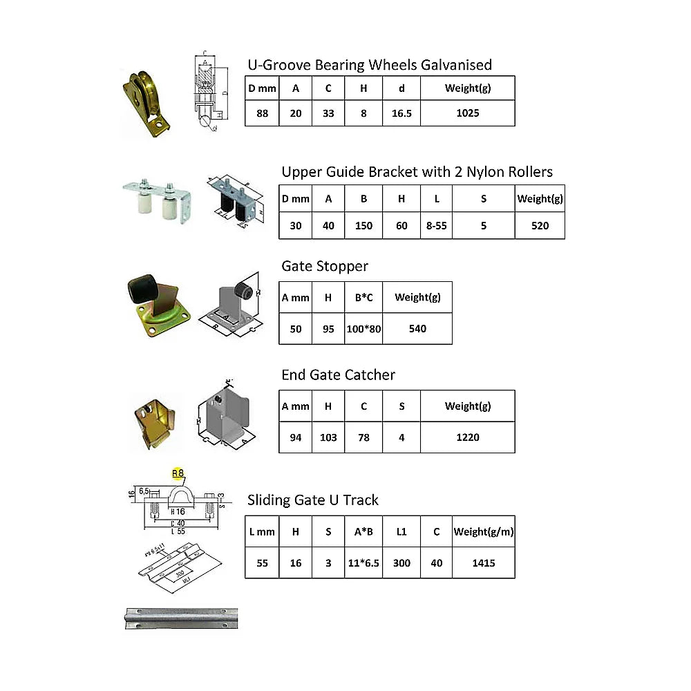 Sliding Gate Hardware Accessories Kit - 6M Track Wheels