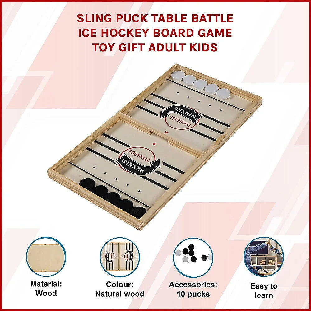 Sling puck table with caster wheels and side handle rail