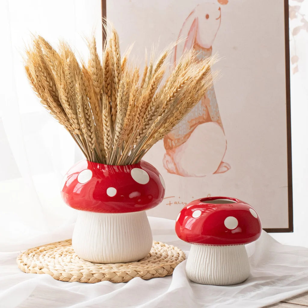 Small Size Red Whimsical Ceramic Mushroom Vase - Decorative