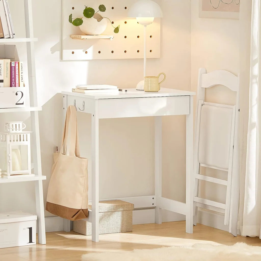 Small White Desk with Drawer and Hooks - Furniture
