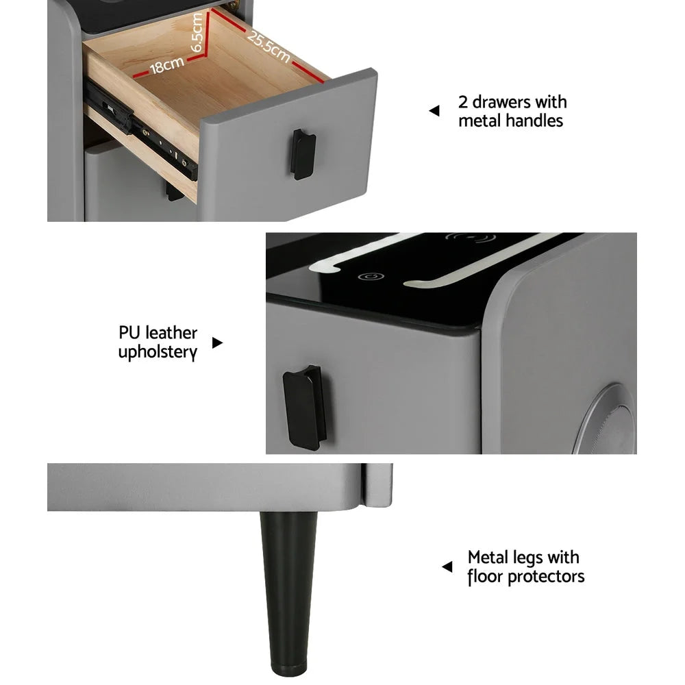 Smart Bedside Table 2 Drawers with Wireless Charging Ports