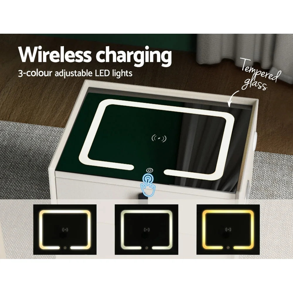 Smart Bedside Table 2 Drawers with Wireless Charging Ports