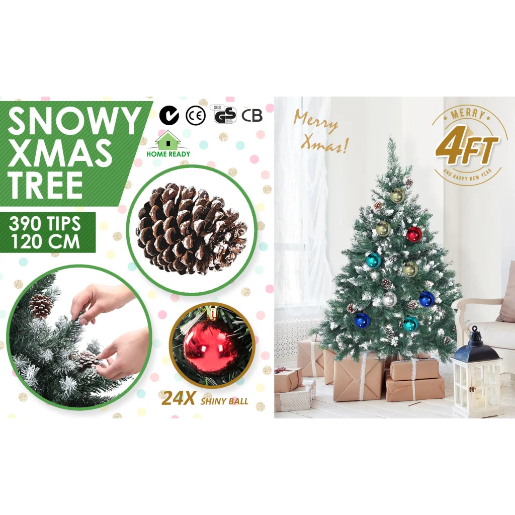 Snowy Christmas Tree Xmas Pine Cones 4Ft 120cm 390 tips