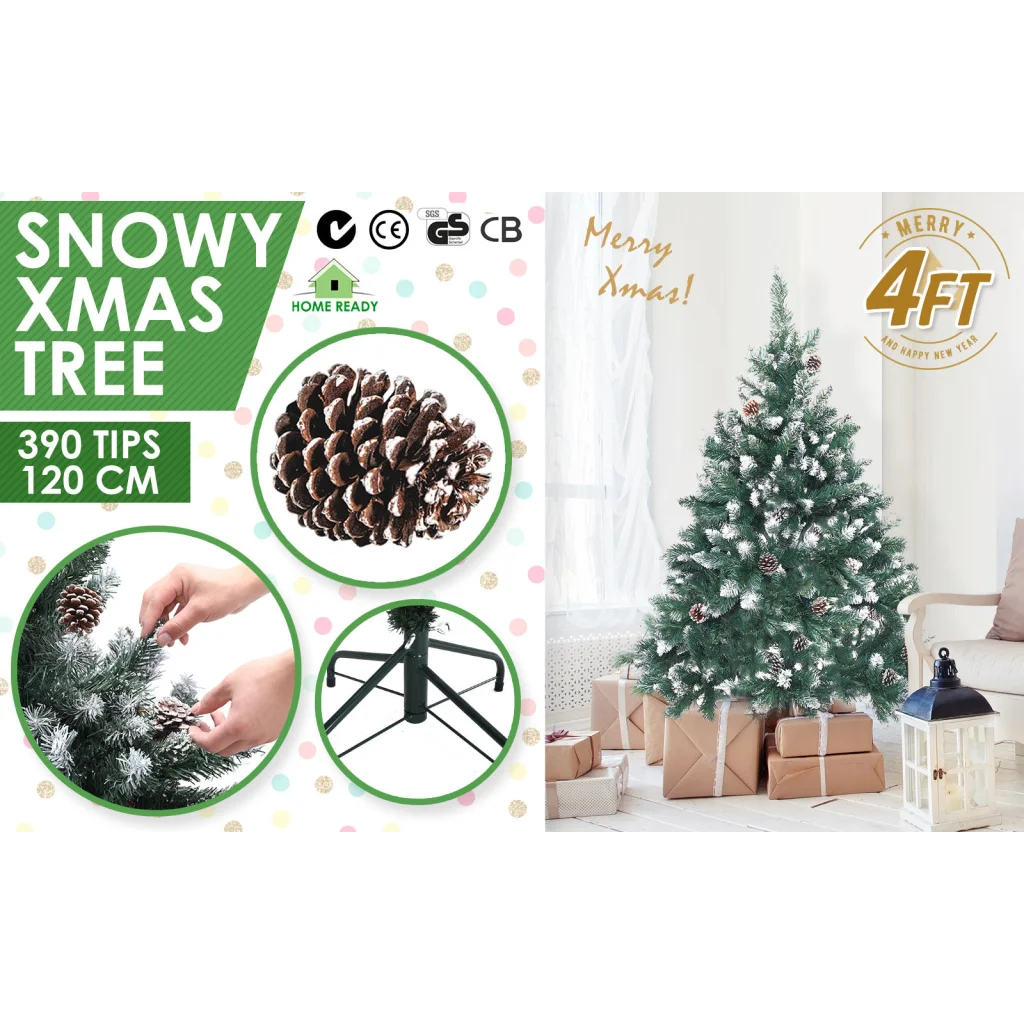 Snowy Christmas Tree Xmas Pine Cones 4Ft 120cm 390 tips