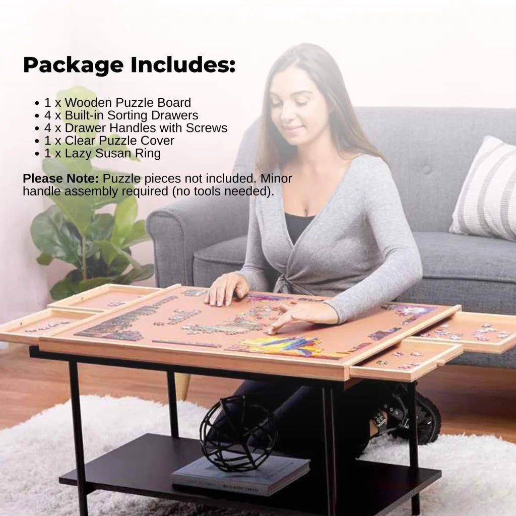 Jigsaw puzzle board with caster wheels and side handle rail