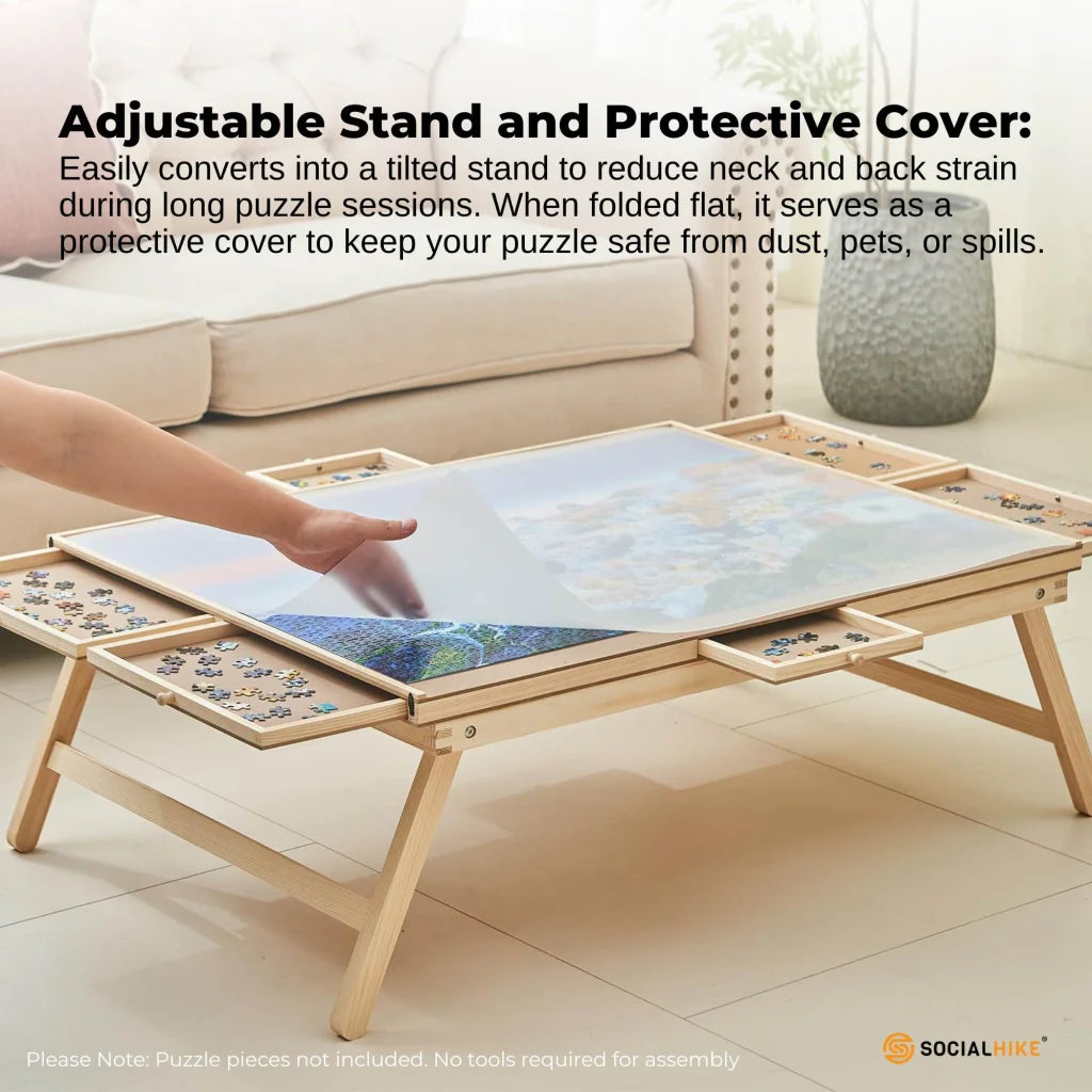 Wooden jigsaw puzzle board with material finish and practical fittings
