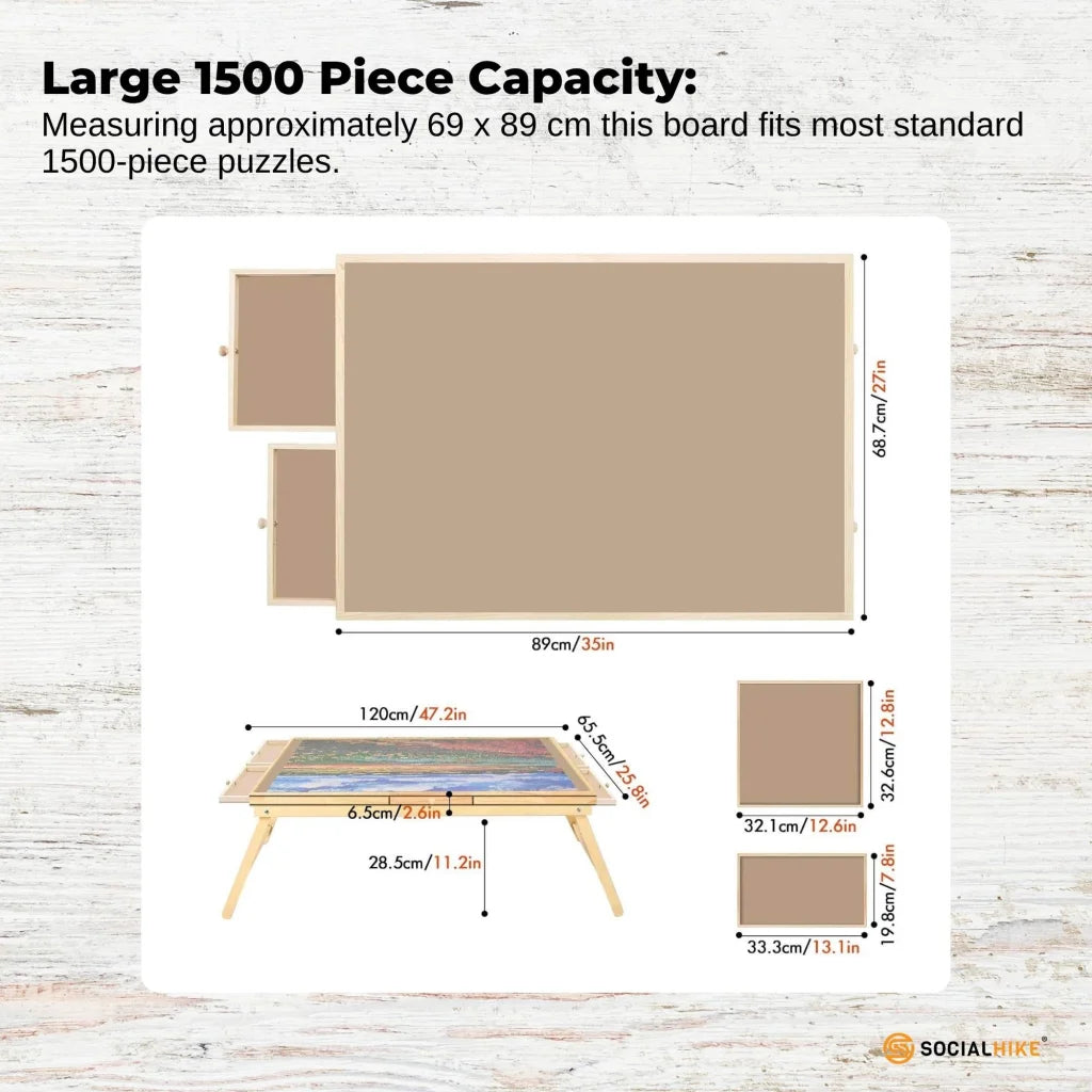 Wooden jigsaw puzzle board with pack contents and accessory layout