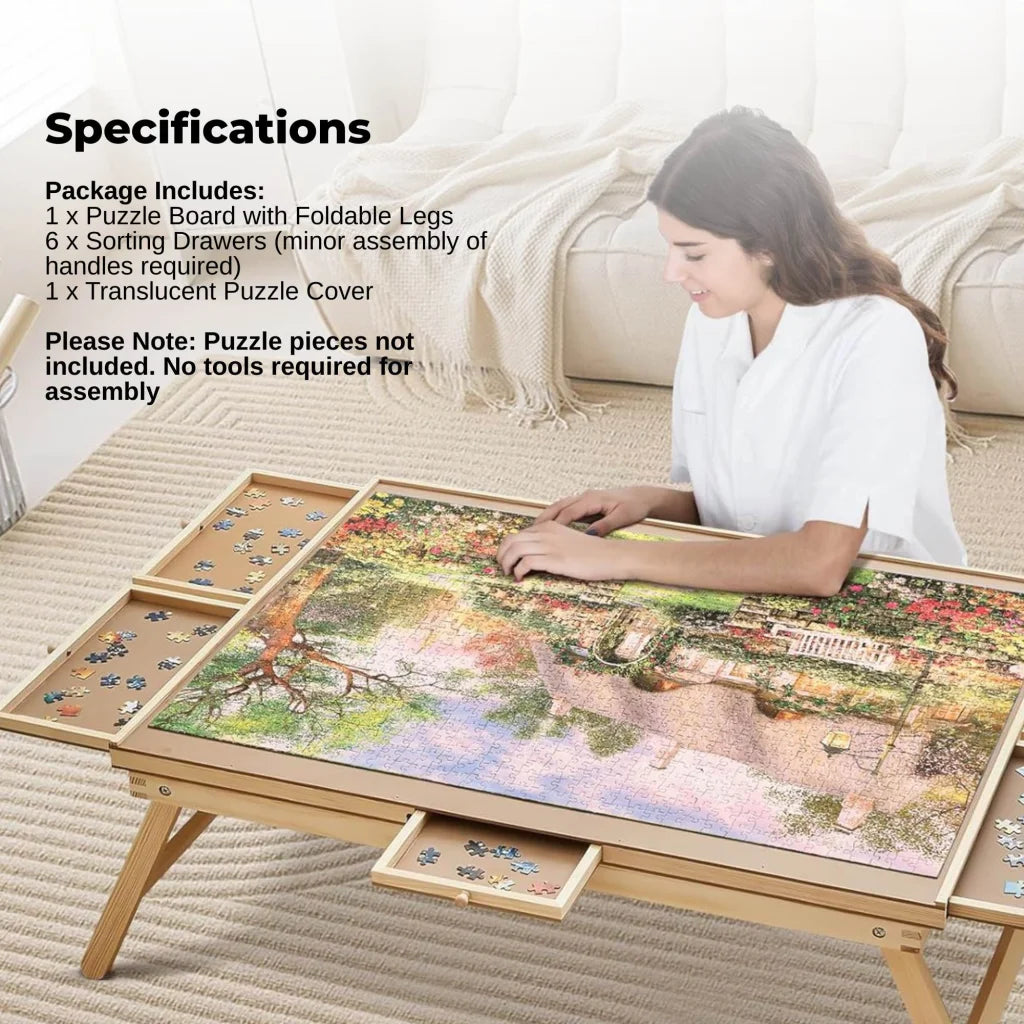 Jigsaw puzzle board with assembled layout and visible hardware