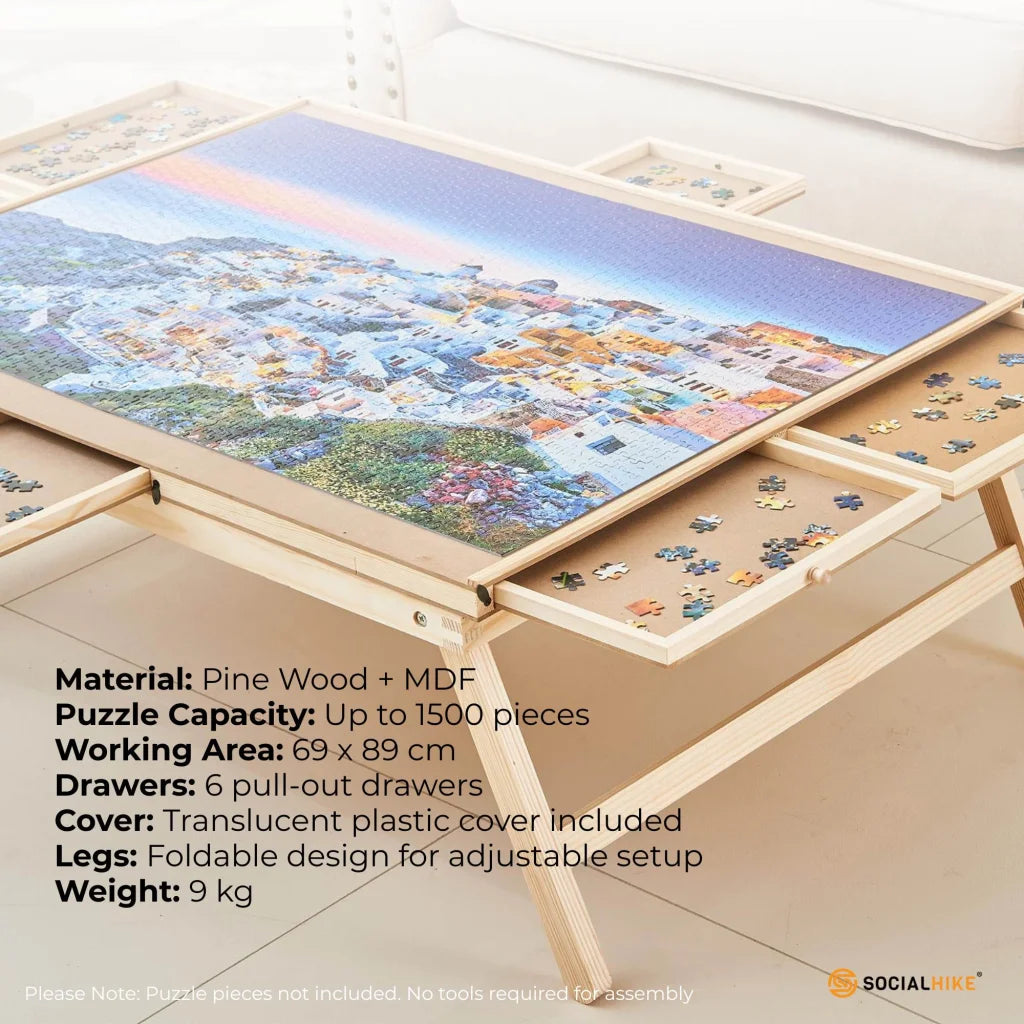 Wooden jigsaw puzzle board with assembled layout and visible hardware