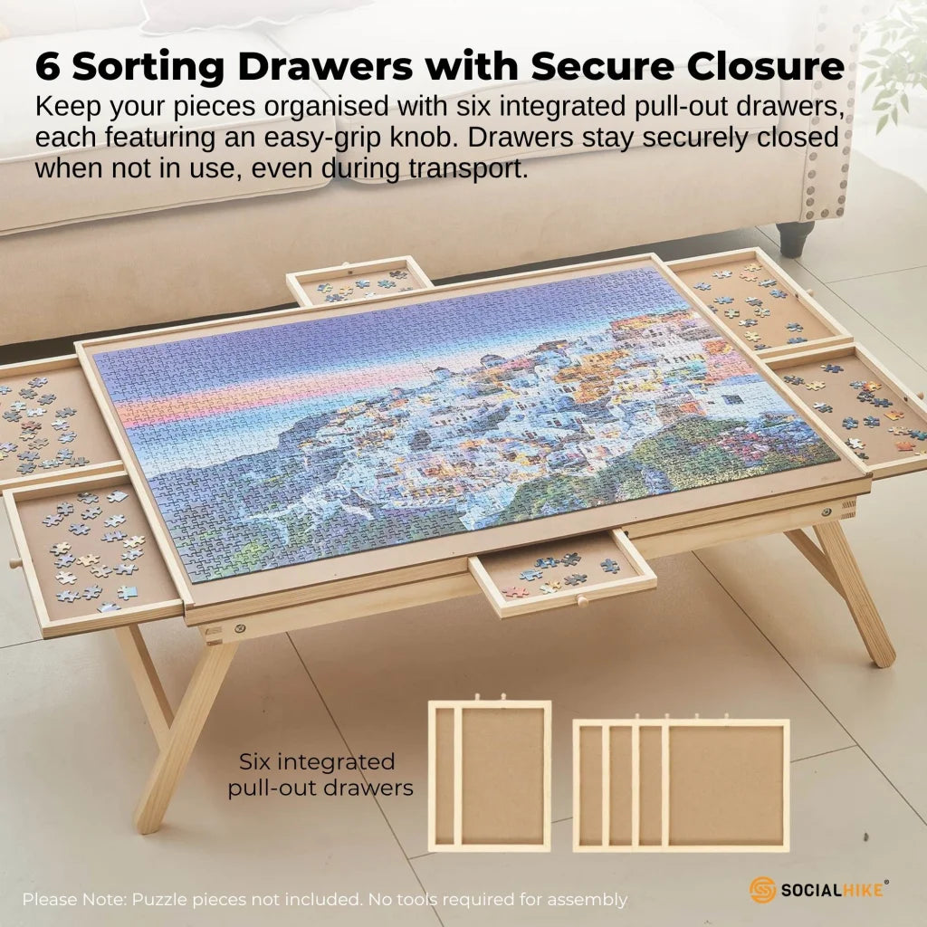 Wooden jigsaw puzzle board with fitted edges and product hardware