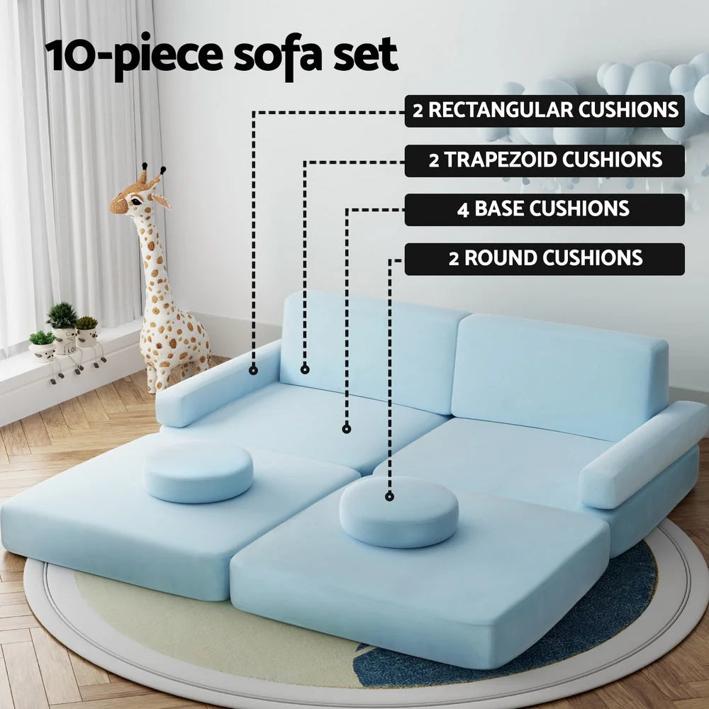 Sofa Bed 2 Seater Kid DIY Play Couch - Velvet Blue