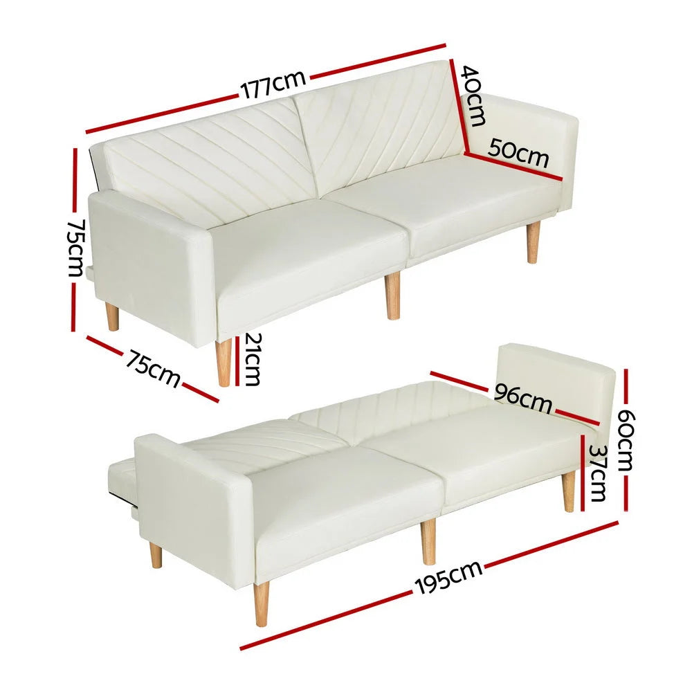 Sofa Bed 3-Seater Tilted Faux - Beige - Furniture