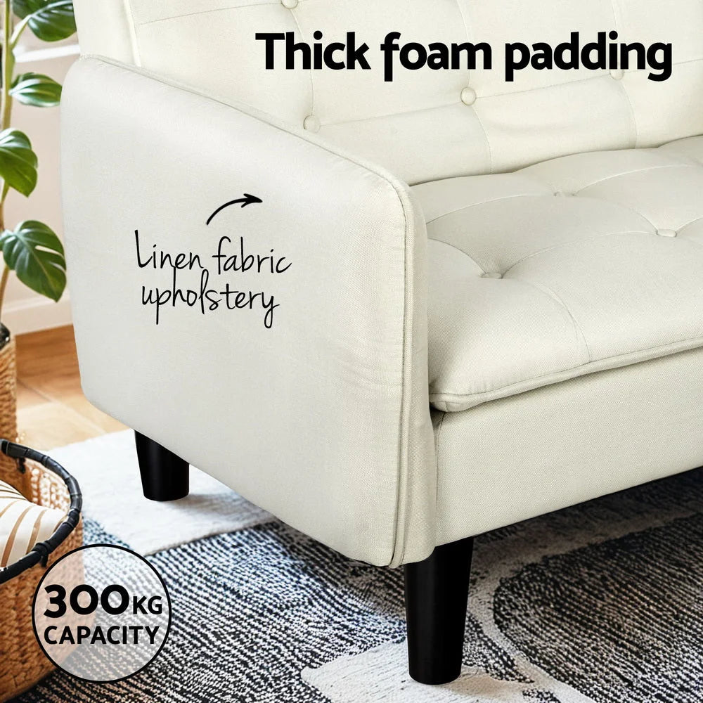 Sofa Bed 3 Seater Tufted Faux beige furniture 148