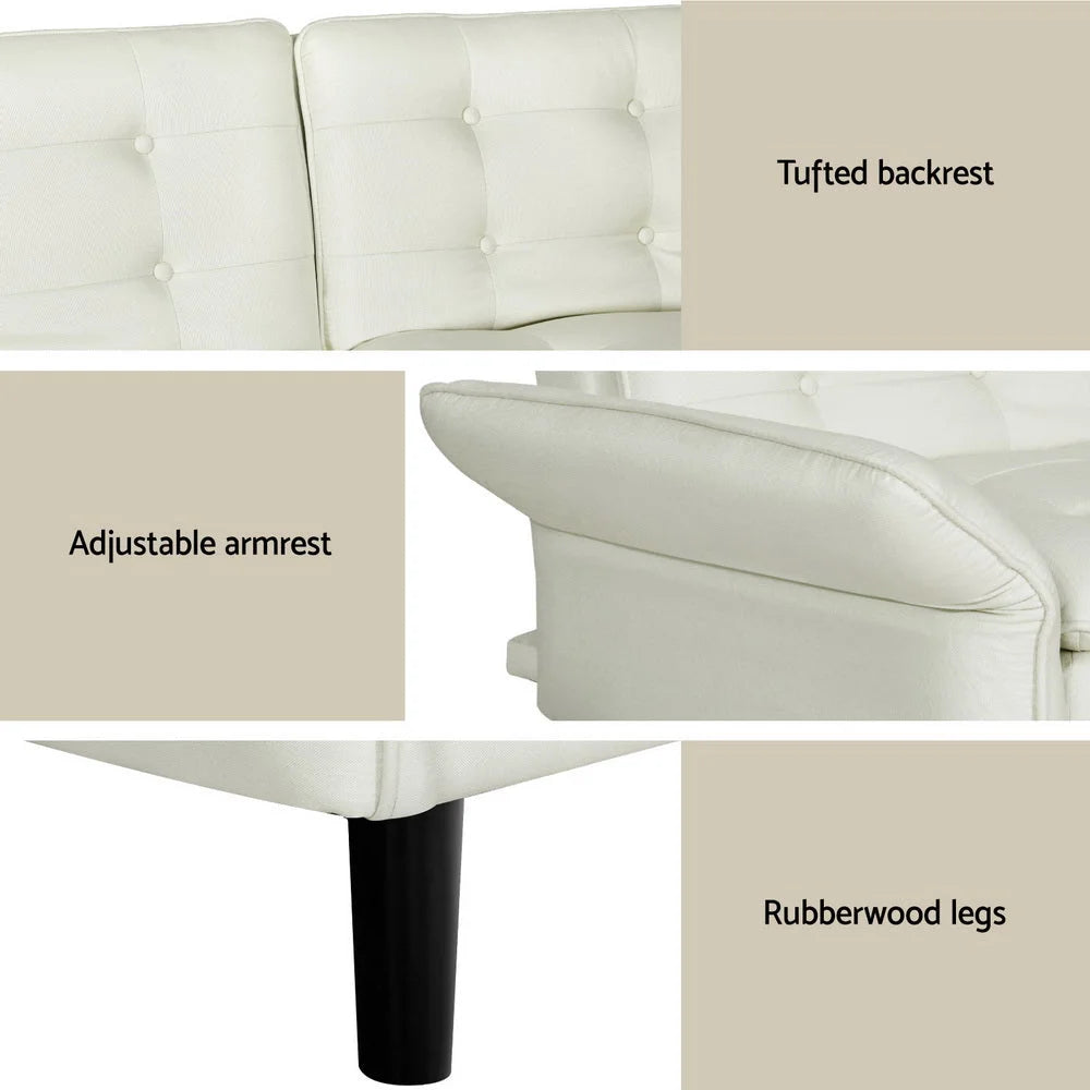 Sofa Bed 3-Seater Tufted Faux - Beige - Furniture