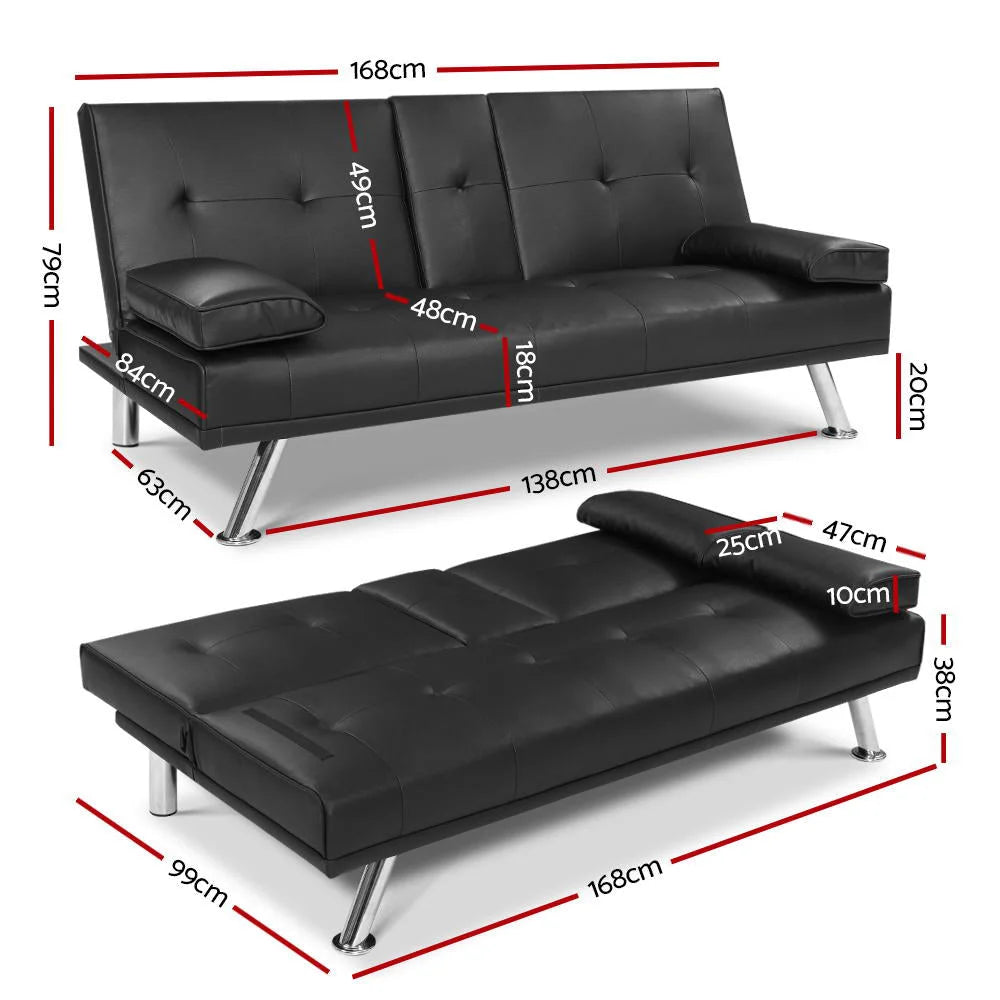 Sofa Bed Lounge Futon Couch 3 Seater Leather Cup Holder