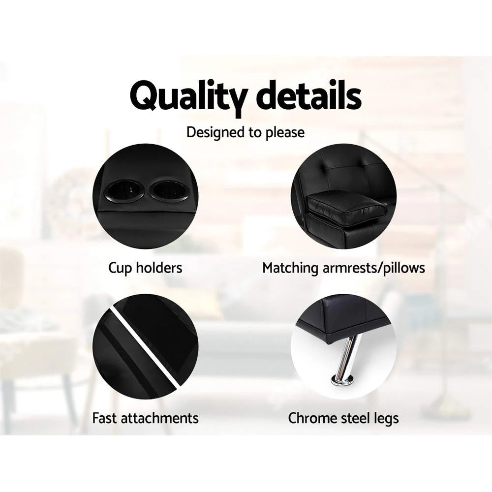 Sofa Bed Lounge Futon Couch 3 Seater Leather Cup Holder