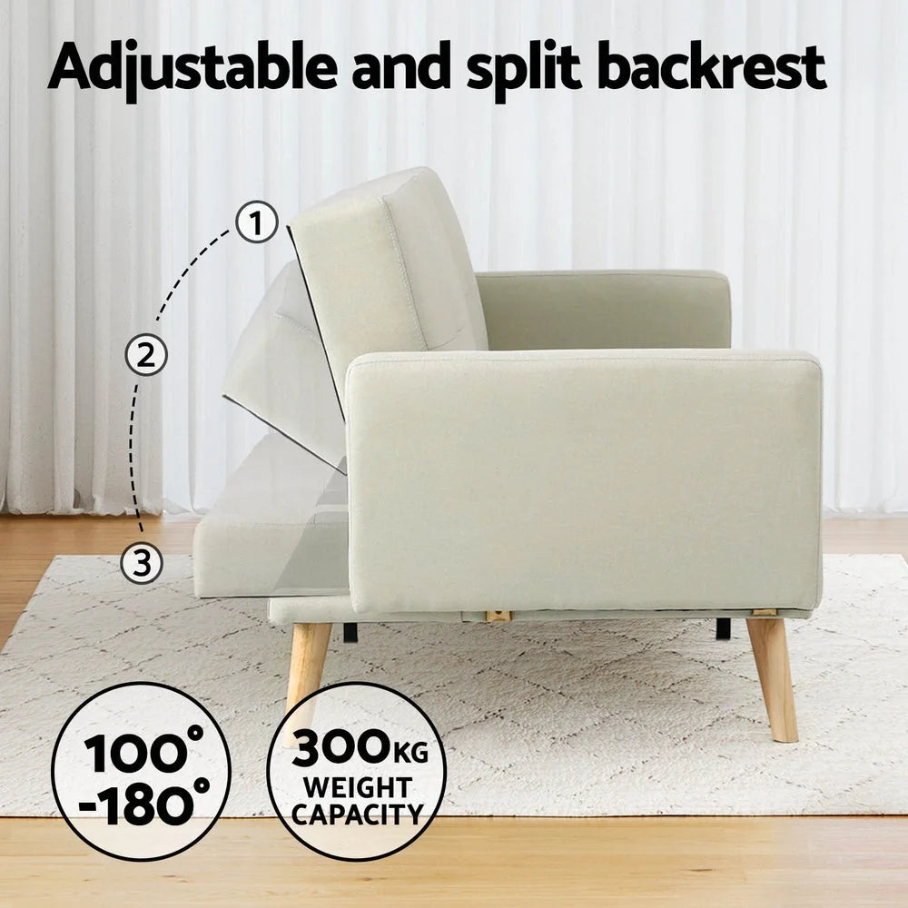 Sofa Bed Ottoman 3 Seater Faux Linen - Beige - Furniture