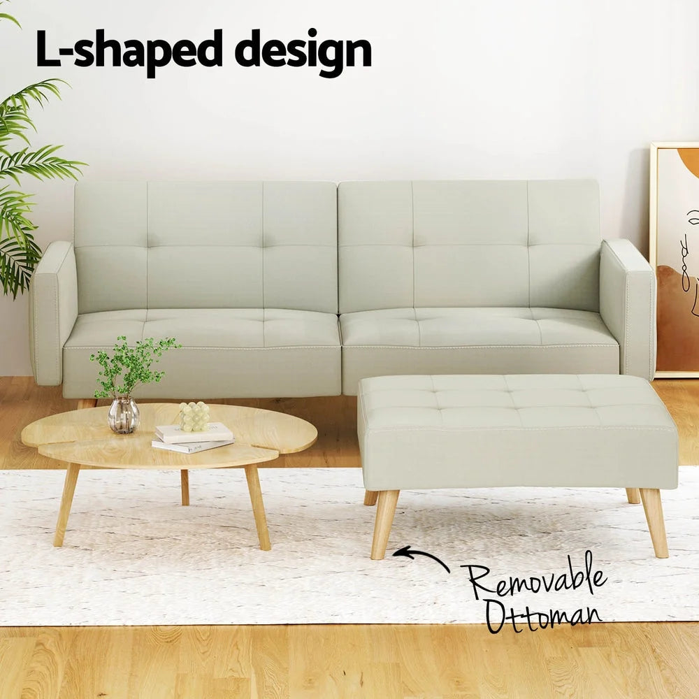 Sofa Bed Ottoman 3 Seater Faux Linen - Beige - Furniture