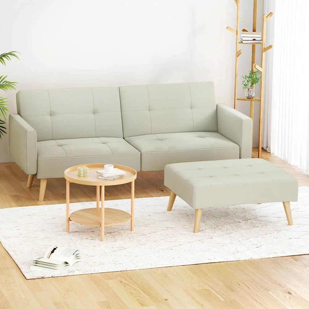 Sofa Bed Ottoman 3 Seater Faux Linen - Beige - Furniture