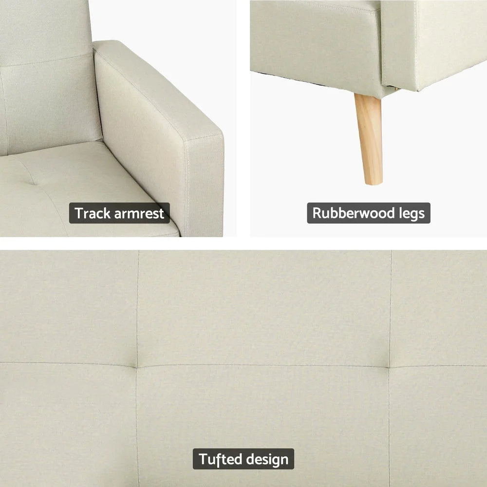 Sofa Bed Ottoman 3 Seater Faux Linen - Beige - Furniture