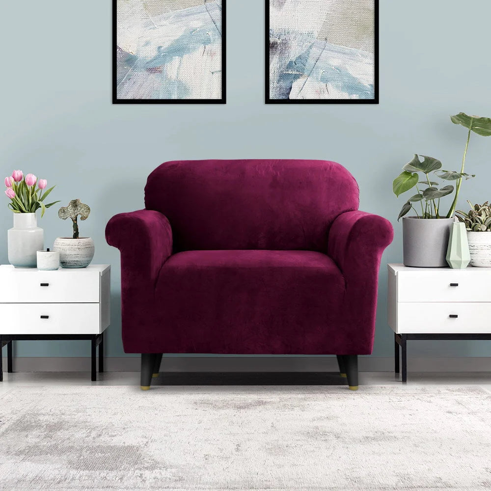 Sofa Cover Couch Covers 1 Seater Velvet - Ruby Red