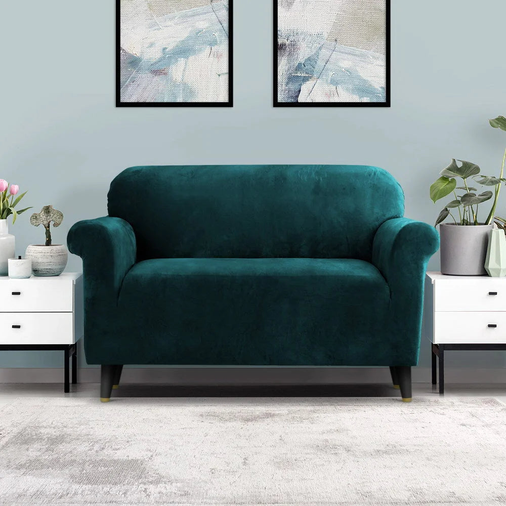 Green velvet sofa cover couch with attachment points and product body
