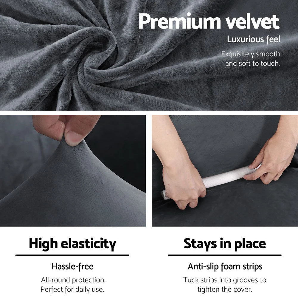 Grey velvet sofa cover couch with caster wheels and side handle rail