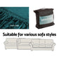 Green velvet sofa cover couch with tabletop context and item shape