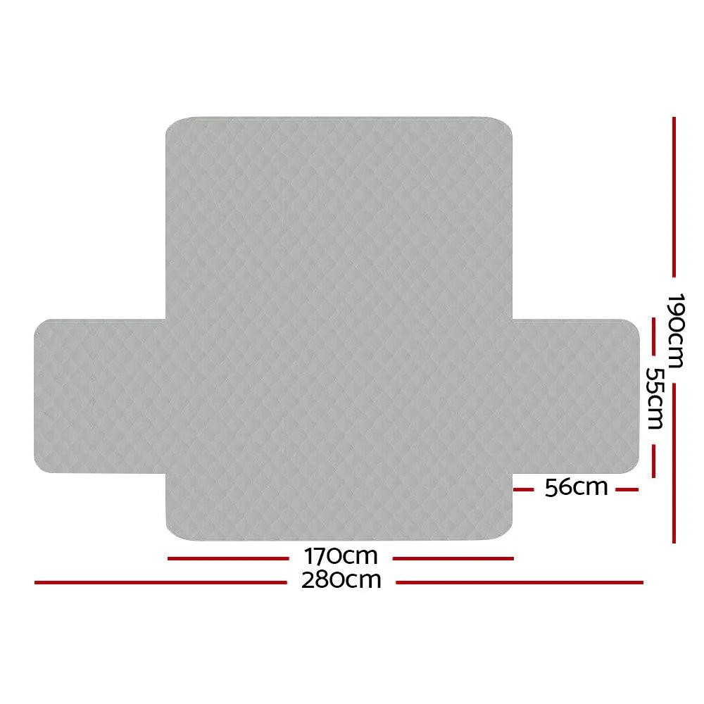 Grey sofa cover quilted with storage shelves and support legs