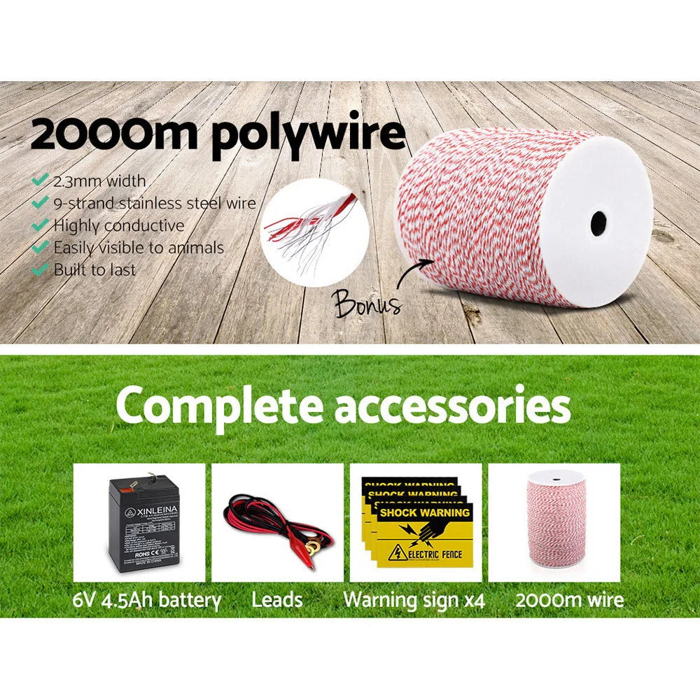 Solar Fence Energiser 3km 0.1J + 2000M Poly Fencing Wire