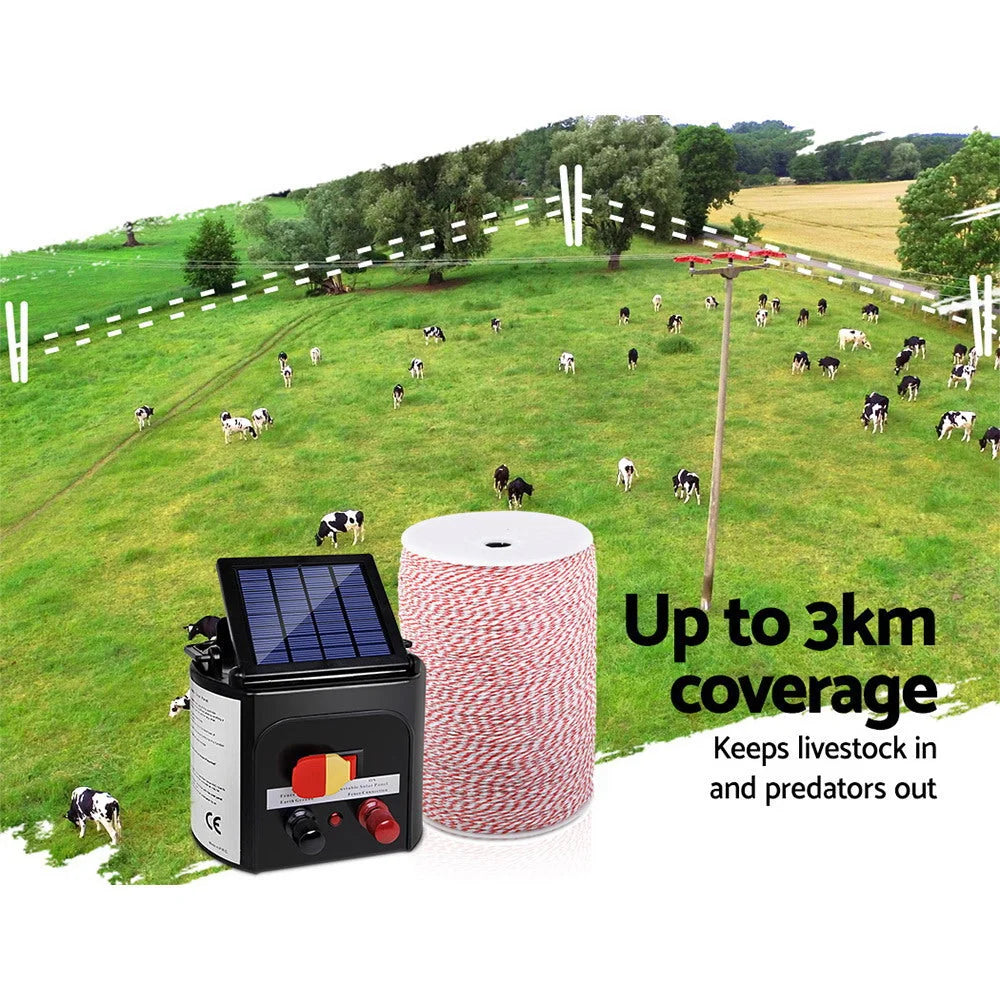 Solar Fence Energiser 3km 0.1J + 2000M Poly Fencing Wire